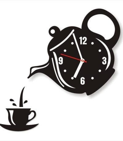 Rustic wooden wall clock with coffee cup and kettle
