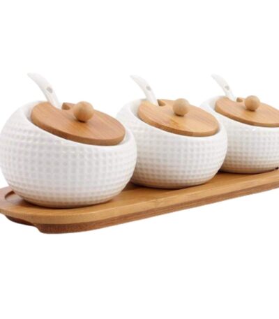 Handmade ceramic spice container with eco-friendly bamboo top