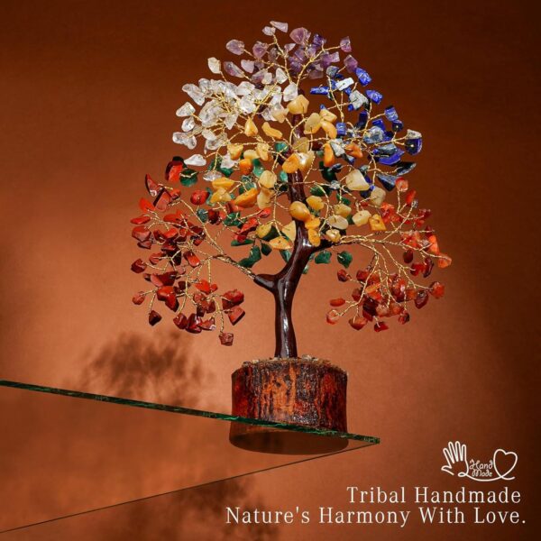 Healing Crystal Gemstone Tree with Seven Chakra Stones on Wooden Base