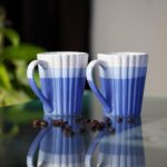 Blue grooved handmade ceramic coffee mug for tea and milk