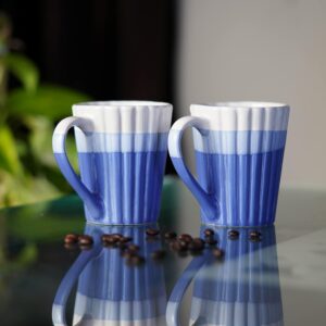 Blue grooved handmade ceramic coffee mug for tea and milk