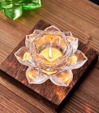 Elegant lotus shaped glass diya with crystal-like finish for Diwali