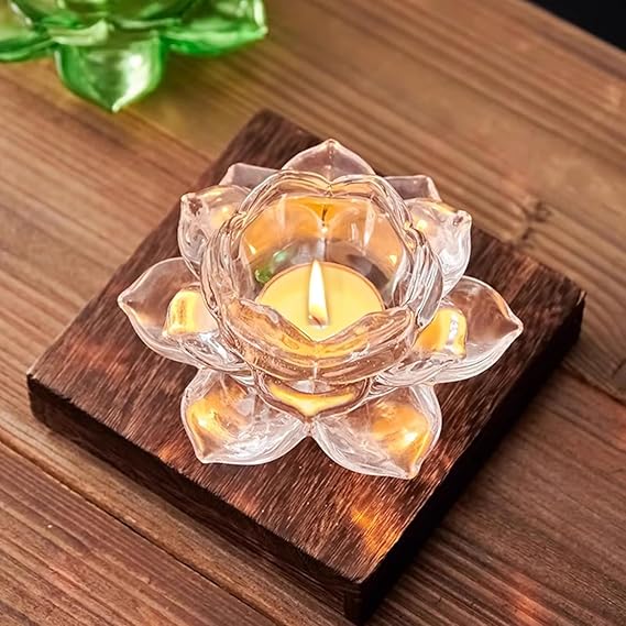 Elegant lotus shaped glass diya with crystal-like finish for Diwali
