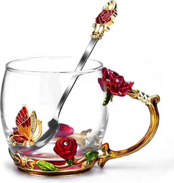 Artistic glass tea cup with 3D flower design