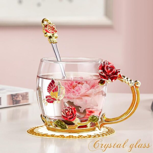 Beautiful handmade flower glass mug with spoon included