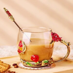 Elegant flower tea glass cup with 3D crystal design and matching spoon