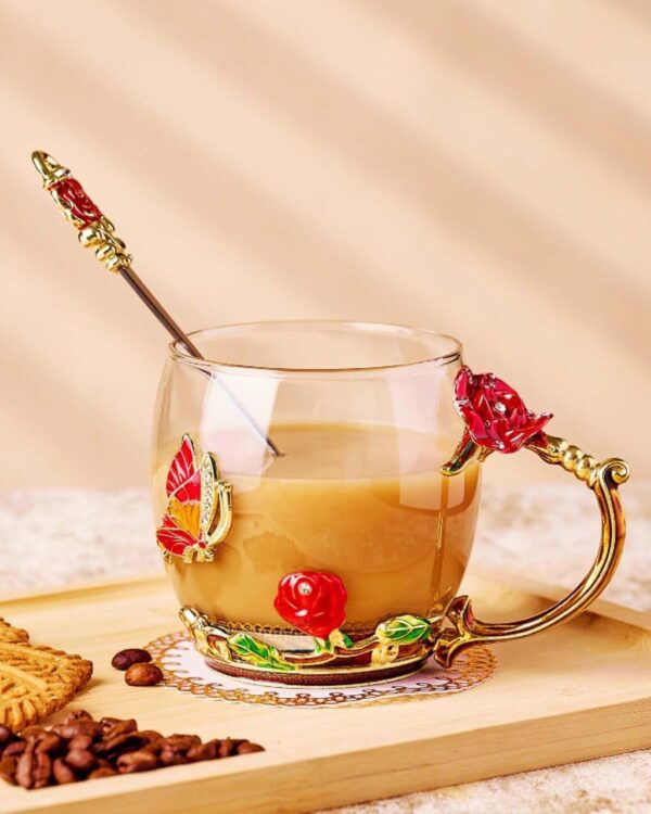 Elegant flower tea glass cup with 3D crystal design and matching spoon
