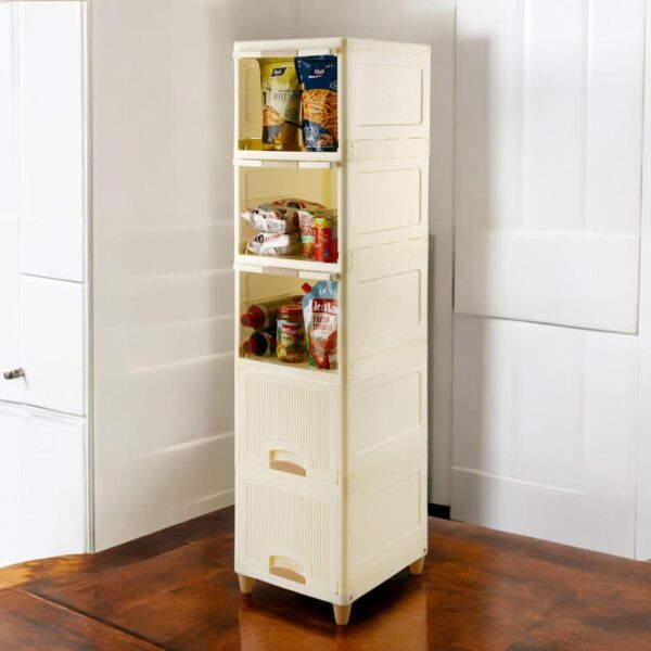 Durable plastic wardrobe with shelves for clothes storage and organization