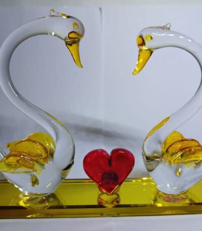 Romantic glass swan couple figurine with heart-shaped design