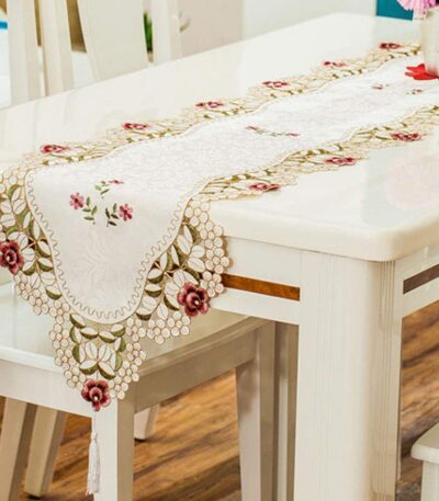 Classic floral embroidered lace satin table runner for dining table décor