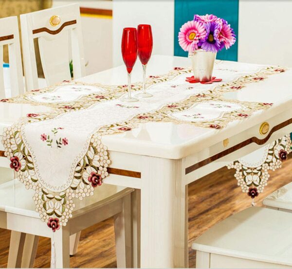 Floral embroidered satin table runner for festive and home décor