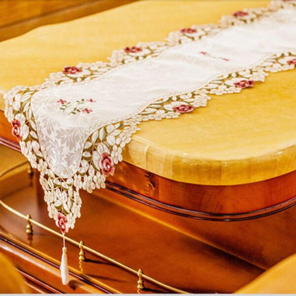Short lace satin table runner with classic flower embroidery design