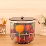 Modern metal fruit and vegetable basket with lid for kitchen storage