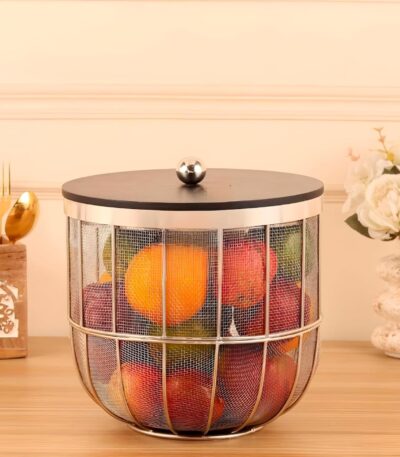 Modern metal fruit and vegetable basket with lid for kitchen storage