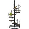 Spiral stair plant display stand with wooden shelves and iron frame