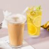 Stylish iced coffee glass cup with straw and Glass lid