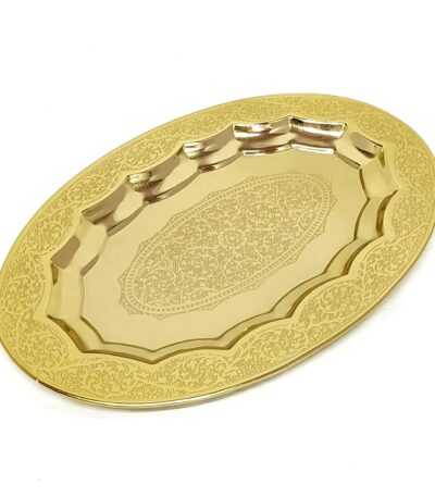 Elegant brass gold oval serving tray with floral engravings for home décor