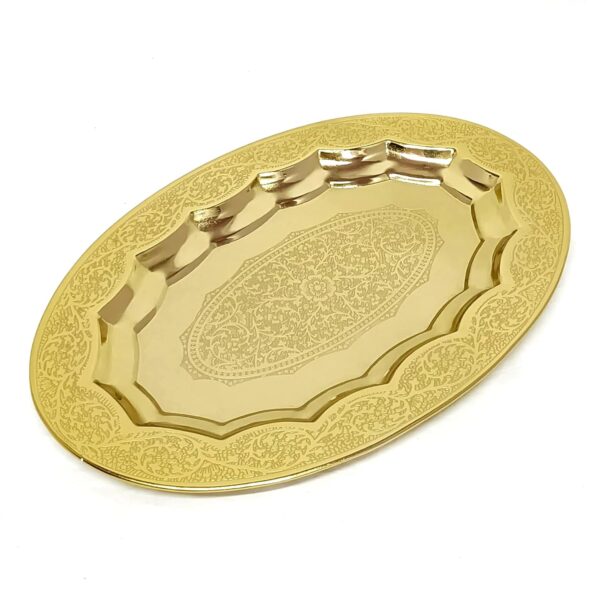 Elegant brass gold oval serving tray with floral engravings for home décor