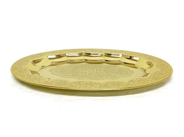Shiny brass oval tray with handcrafted engraved detailing