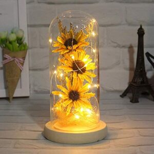 Artificial sunflower in glass dome with LED light for home décor