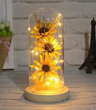 Artificial sunflower in glass dome with LED light for home décor