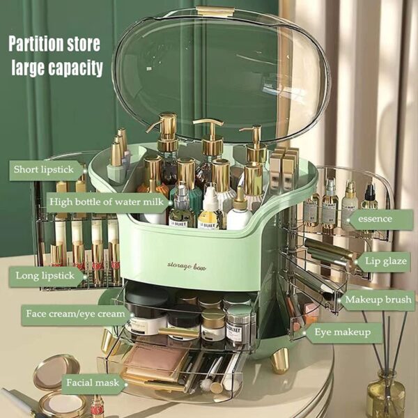 Functional green cosmetic organizer for organized makeup storage