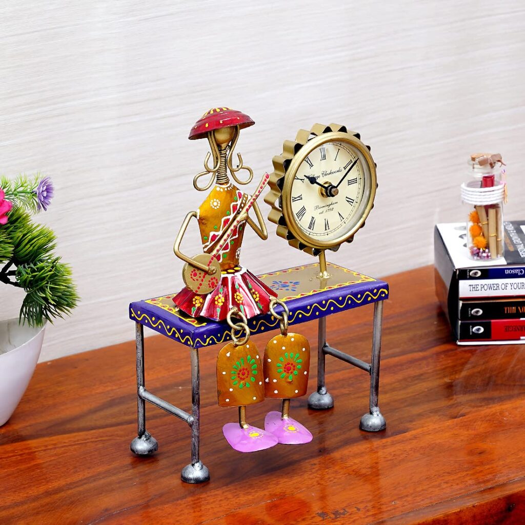 Multicolour metal wall hanging musician lady with artistic clock