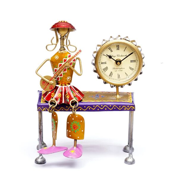 Elegant metal wall hanging clock featuring musician lady art