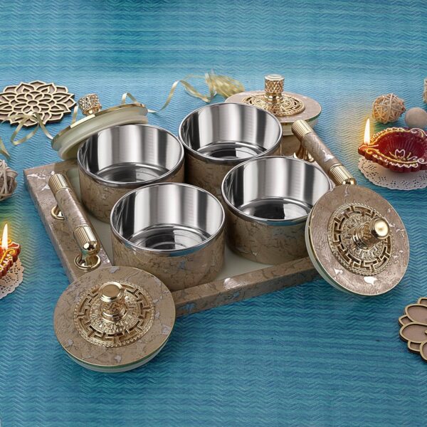 Airtight dry fruit storage box with stainless steel inserts and serving tray