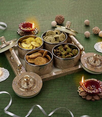 Airtight dry fruit storage box with stainless steel inserts and serving tray