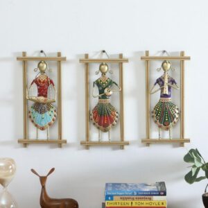Handcrafted metal wall decor with colorful Rajasthani musician figures