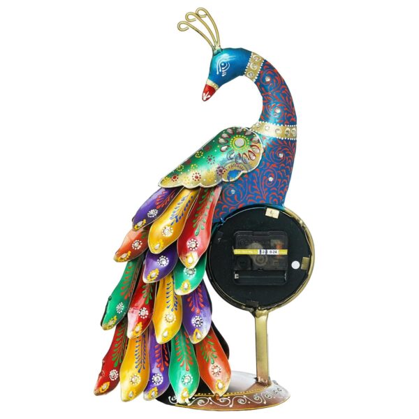 Handcrafted peacock metal clock with vibrant colors