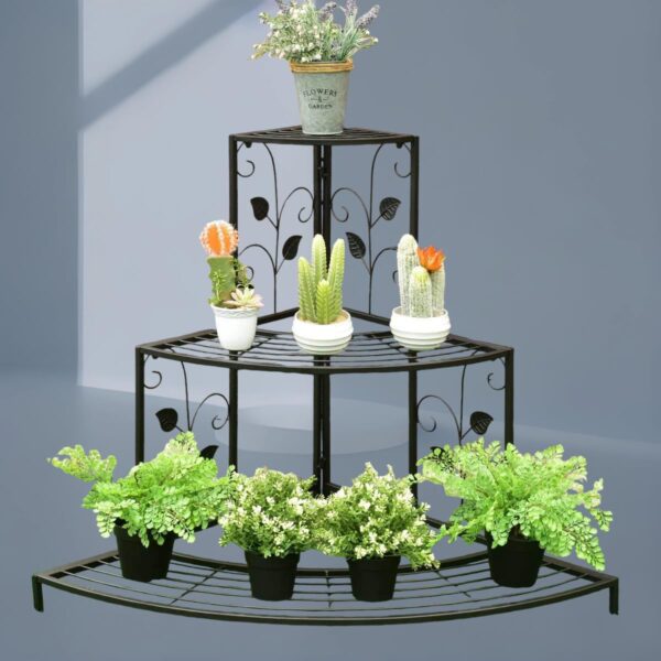Elegant corner metal plant shelf for indoor and outdoor use