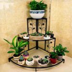 3-tier semicircle metal plant stand with floral corner design