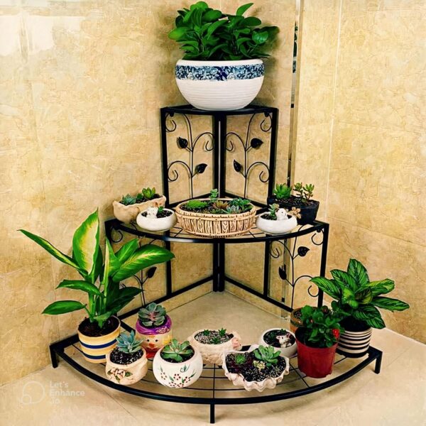 3-tier semicircle metal plant stand with floral corner design