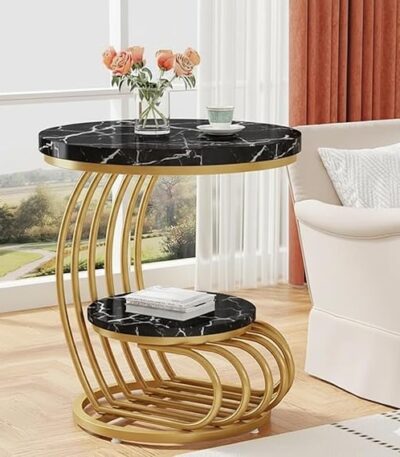 Modern luxury round table with gold metal base and black marble top