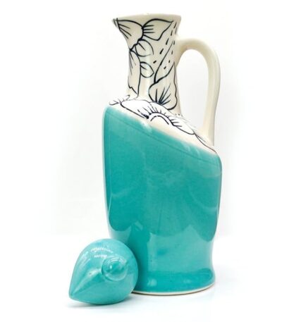 Handmade ceramic oil dispenser with silver metal pour spout