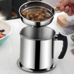 Stainless steel kitchen oil filter pot with fine mesh strainer and lid