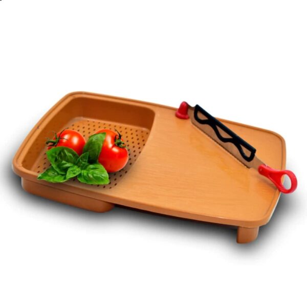 Vegetable chopping board with knife attached for efficient meal prep