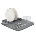 Floor-mounted dish drying rack with tiered shelves and dish mat