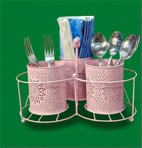 Elegant black metal cutlery stand with napkin holder for modern kitchens