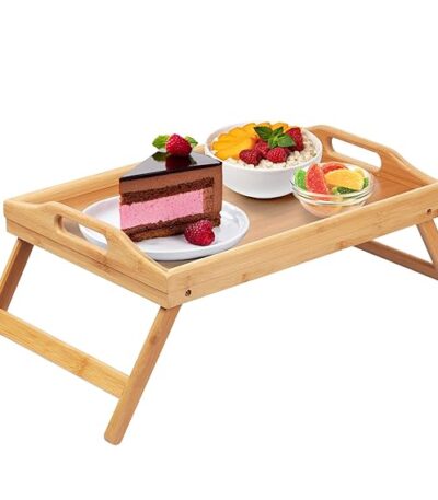 Foldable wooden bed tray table for breakfast and laptop use
