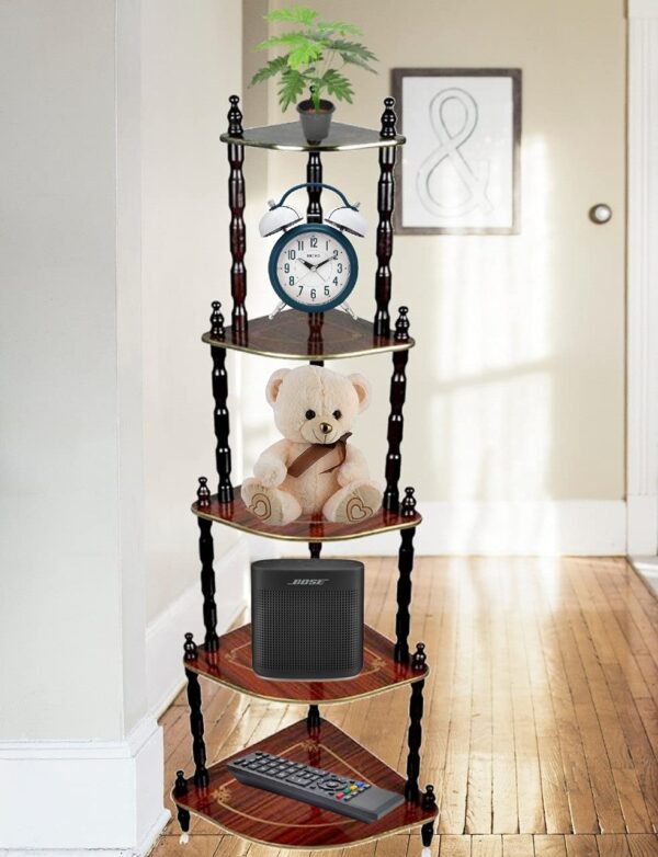 modern wall corner stand with multi-level wooden shelves