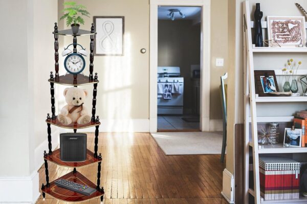 Stylish wooden wall corner shelf for home interior design