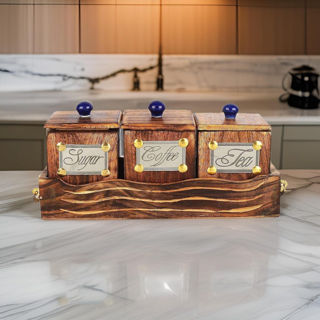 Wooden table top canister set with 3 large containers and matching tray