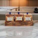 Wooden table top canister set with 3 large containers and matching tray