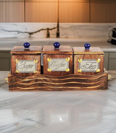 Wooden table top canister set with 3 large containers and matching tray