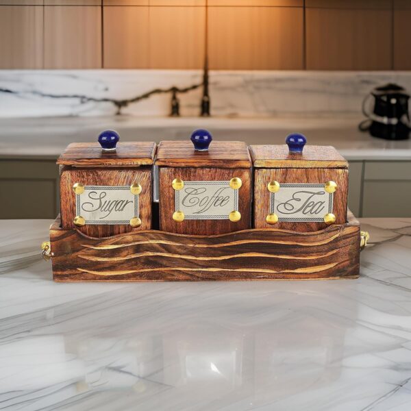 Wooden table top canister set with 3 large containers and matching tray