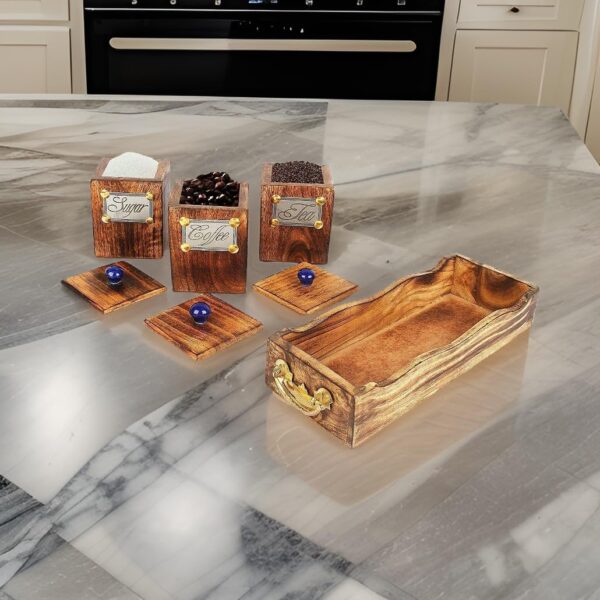 Handcrafted wooden tabletop canisters with lids and serving tray