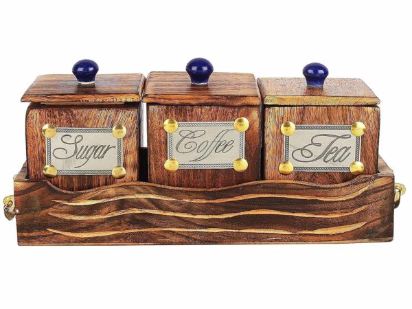 Artistic wooden jar set with tray for home and dining table décor